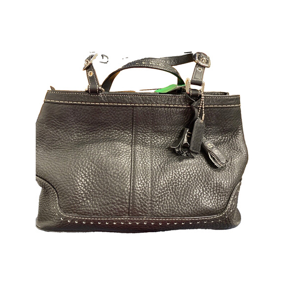 Coach Hampton Pebbled Leather Tassel Satchel Handbag Purse Black Silver 2-Handle - Picture 1 of 12